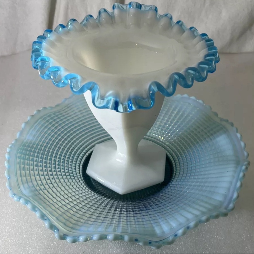 2 Fenton Ruffled Milk Glass Vase Dark Blue Aqua Crest Double Crimped Edge 1940s
